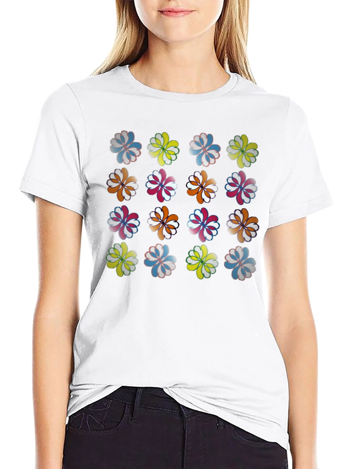 Floral Pattern Crew Neck T-Shirt - Black