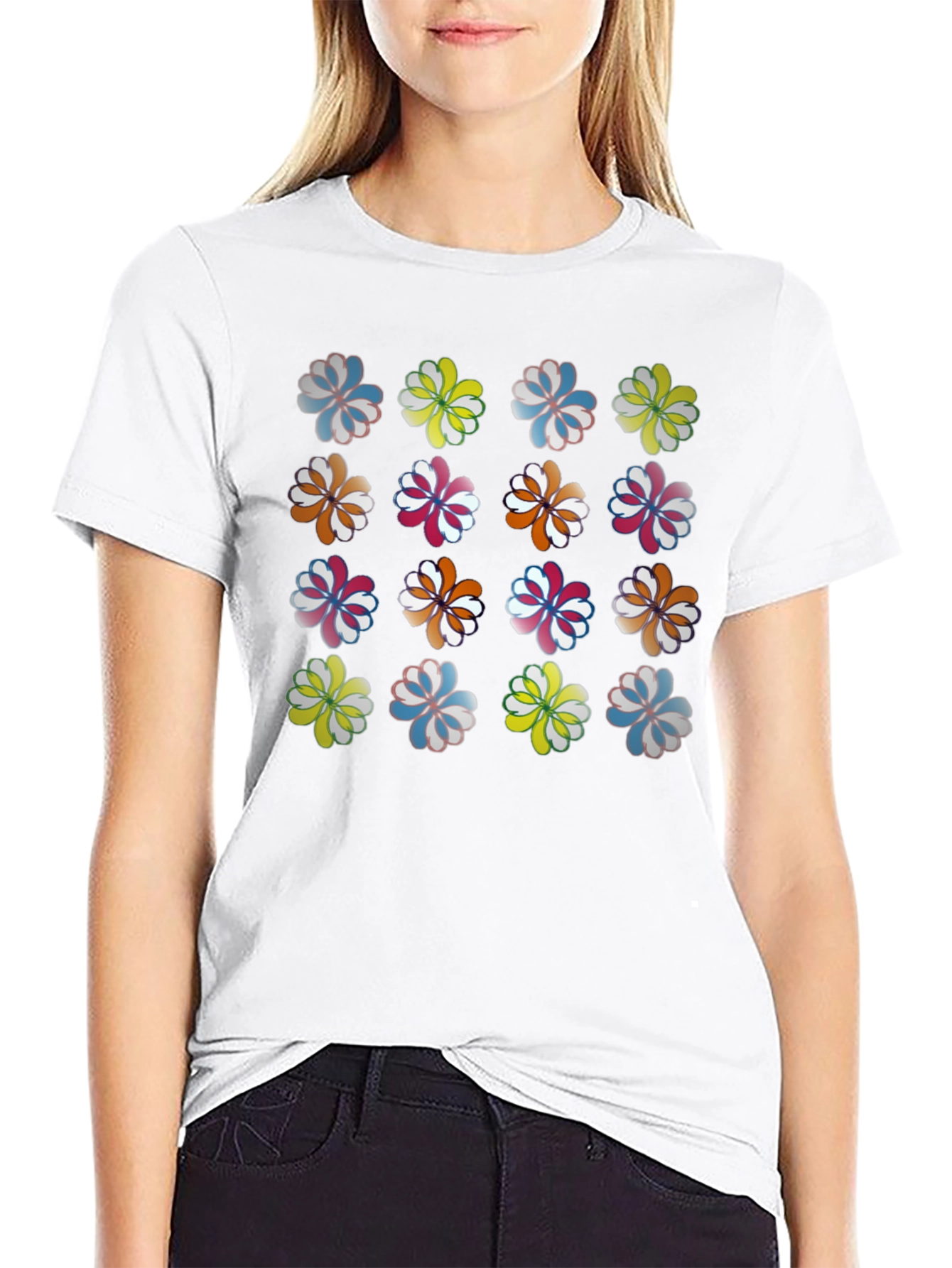 Floral Pattern Crew Neck T-Shirt - Black
