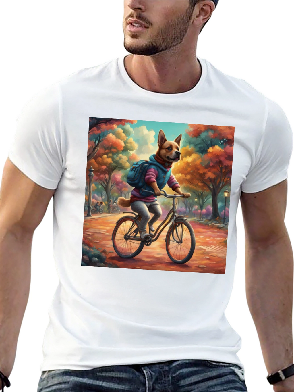 Dog on Bike T-Shirt - Whimsical Park Design