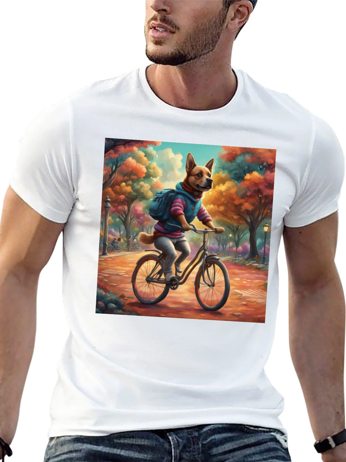Dog on Bike T-Shirt - Whimsical Park Design