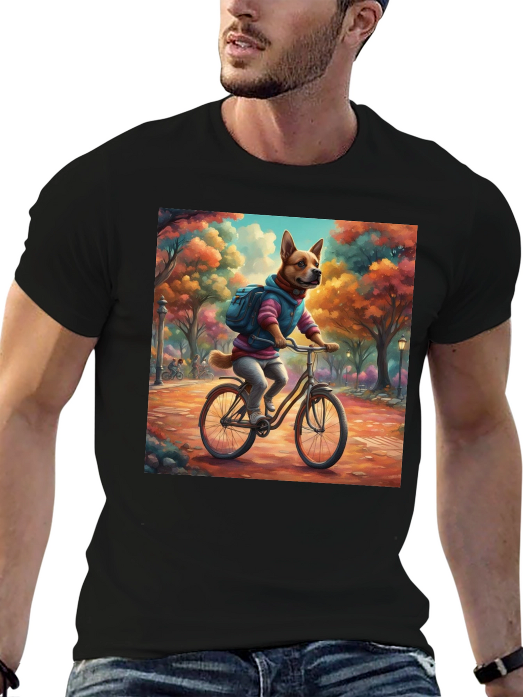 Dog on Bike T-Shirt - Whimsical Park Design
