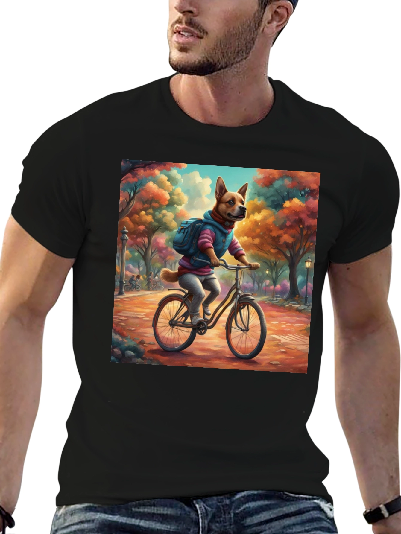 Dog on Bike T-Shirt - Whimsical Park Design
