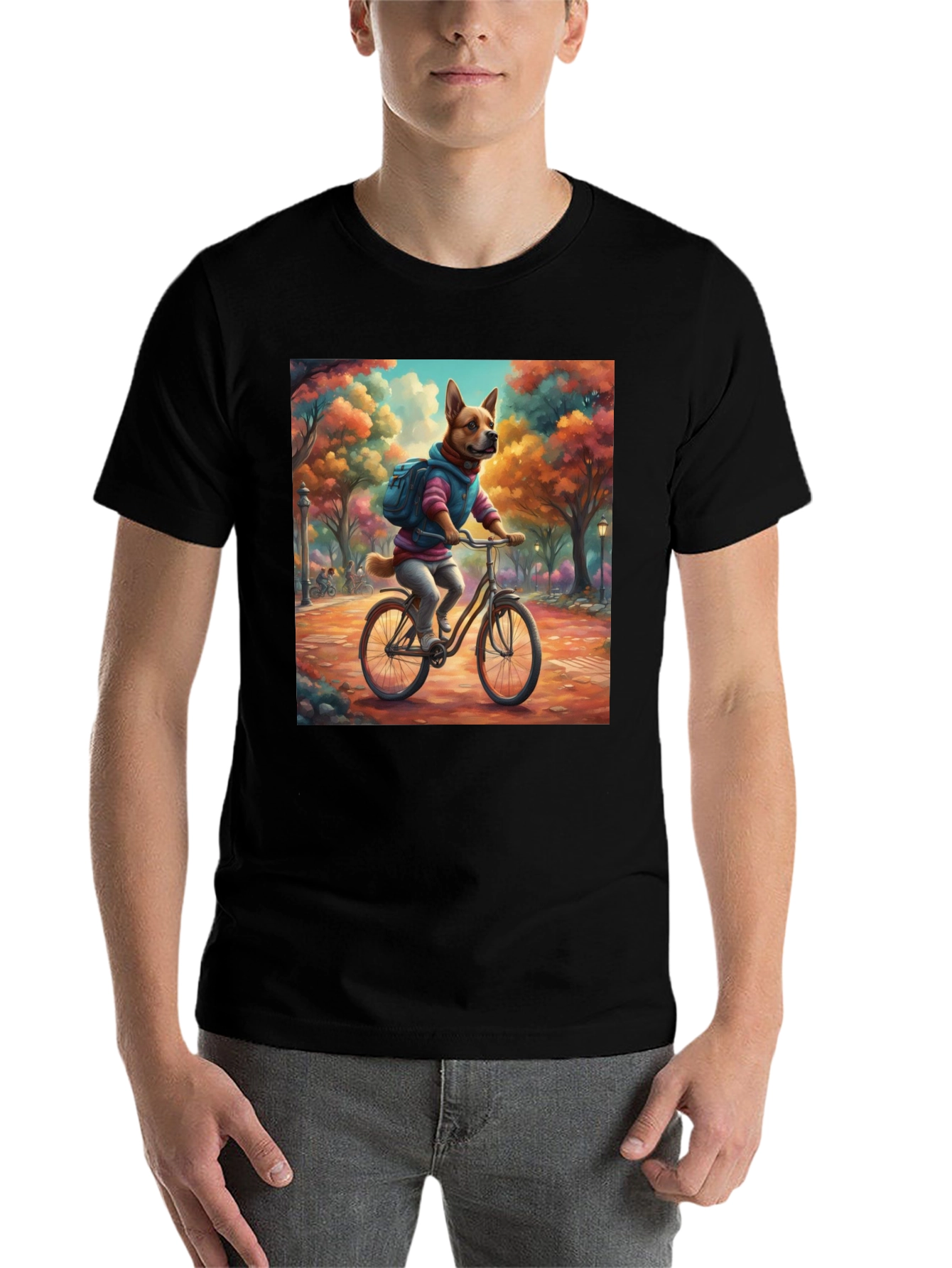 Dog on Bike T-Shirt - Whimsical Park Design