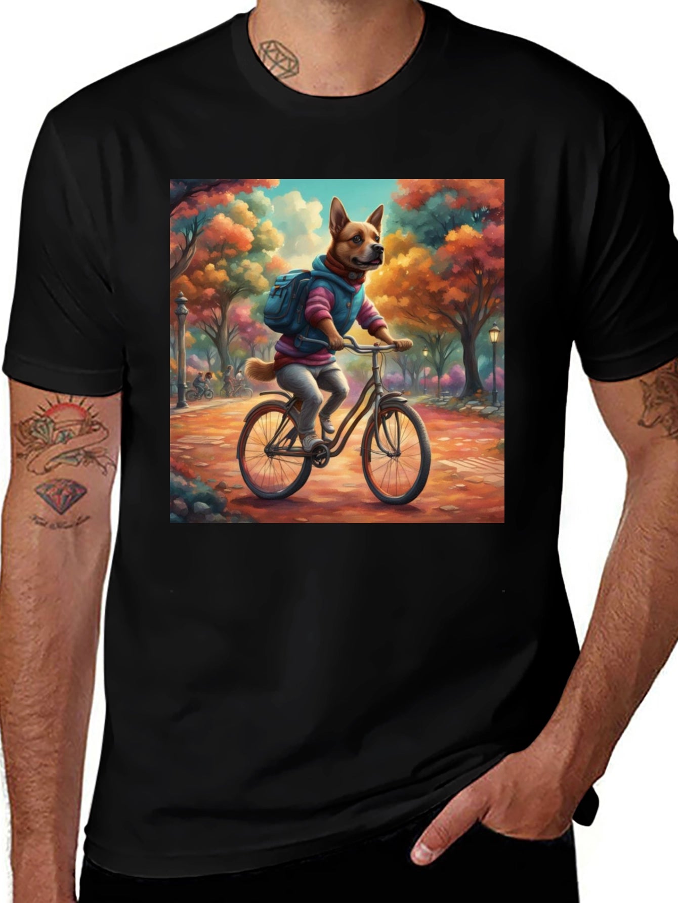 Dog on Bike T-Shirt - Whimsical Park Design
