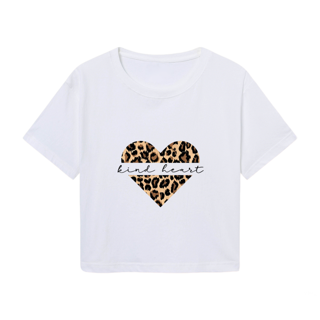 Y2K White Crop Top With Leopard Print Kind Heart Graphic