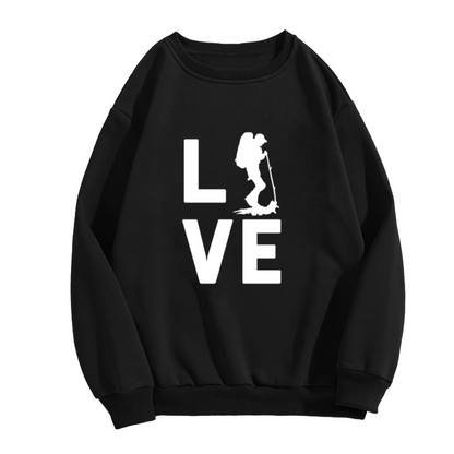 Love Hiking Sweatshirt | Hiker Silhouette Typography Crewneck, Outdoor Adventure Pullover Top, Nature Lover Gift for Men Women