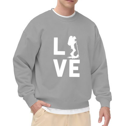 Love Hiking Sweatshirt | Hiker Silhouette Typography Crewneck, Outdoor Adventure Pullover Top, Nature Lover Gift for Men Women