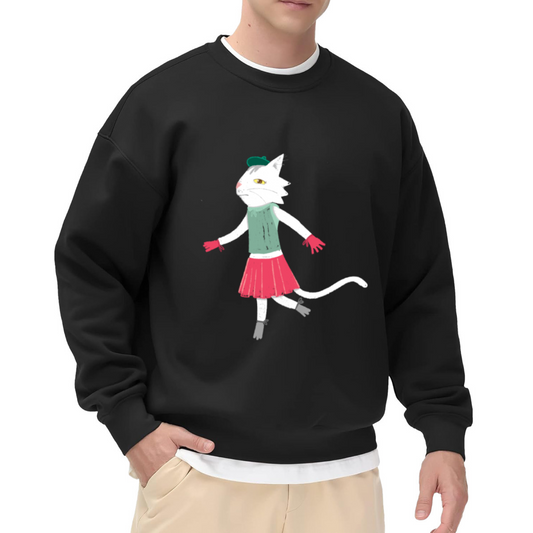 Dancing Cat Hand Drawn Crewneck Sweatshirt, Playful Cartoon Cat Pullover, Cat Lover Gift