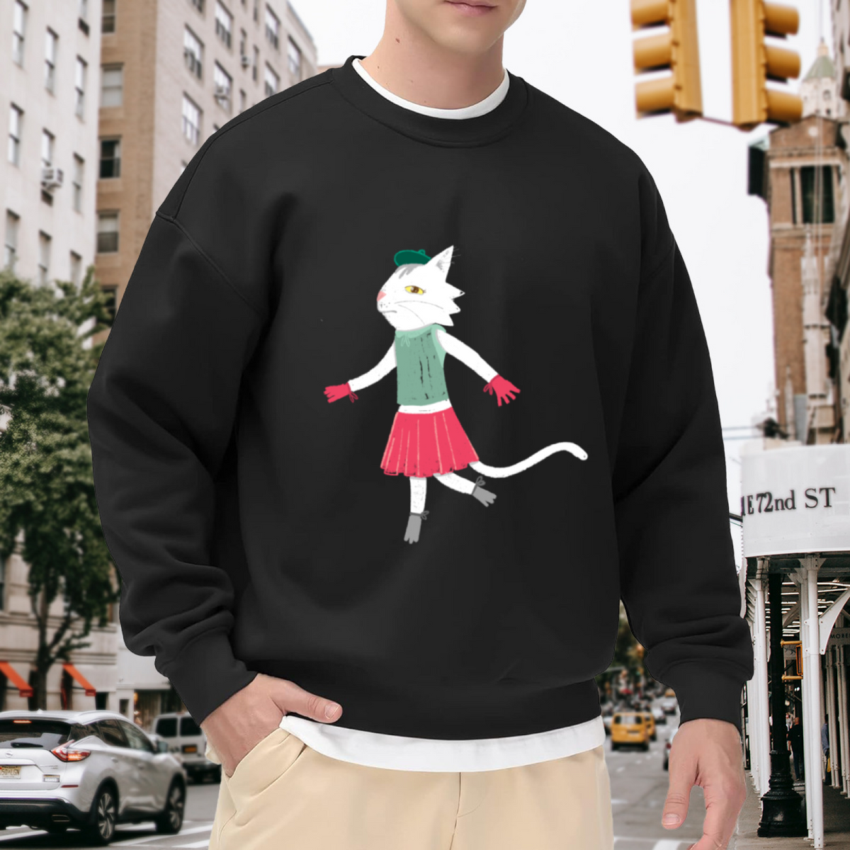 Dancing Cat Hand Drawn Crewneck Sweatshirt, Playful Cartoon Cat Pullover, Cat Lover Gift