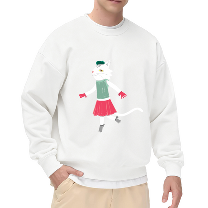 Dancing Cat Hand Drawn Crewneck Sweatshirt, Playful Cartoon Cat Pullover, Cat Lover Gift