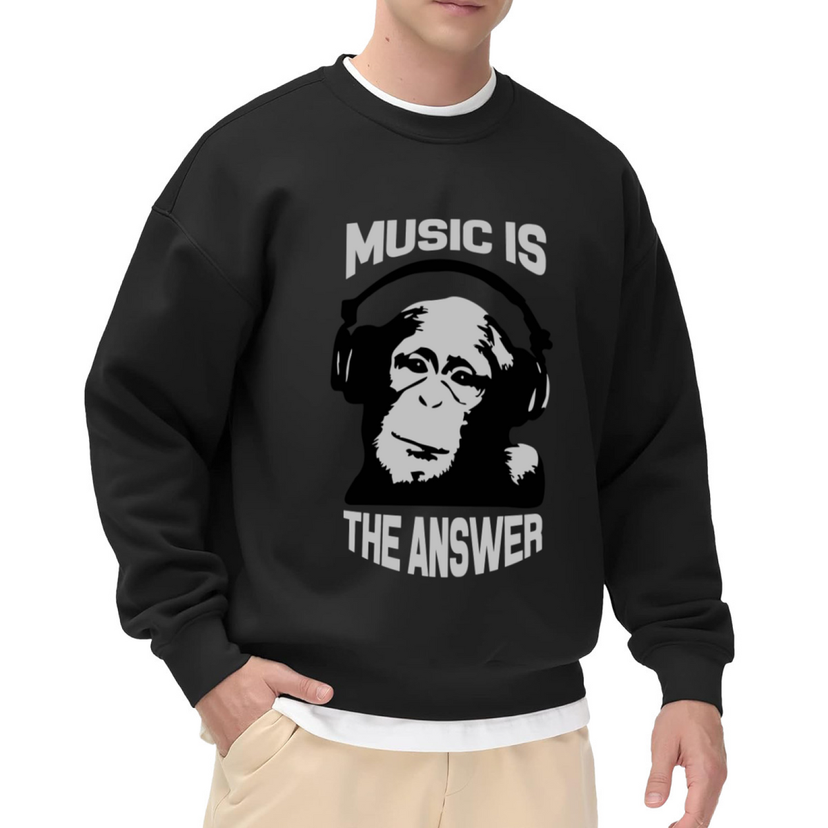 Music Is The Answer Gorilla Crewneck Sweatshirt - Cool Ape Headphones Graphic, DJ Streetwear Pullover, Beat Lover Top