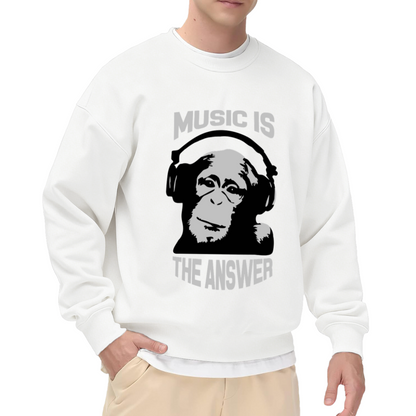 Music Is The Answer Gorilla Crewneck Sweatshirt - Cool Ape Headphones Graphic, DJ Streetwear Pullover, Beat Lover Top