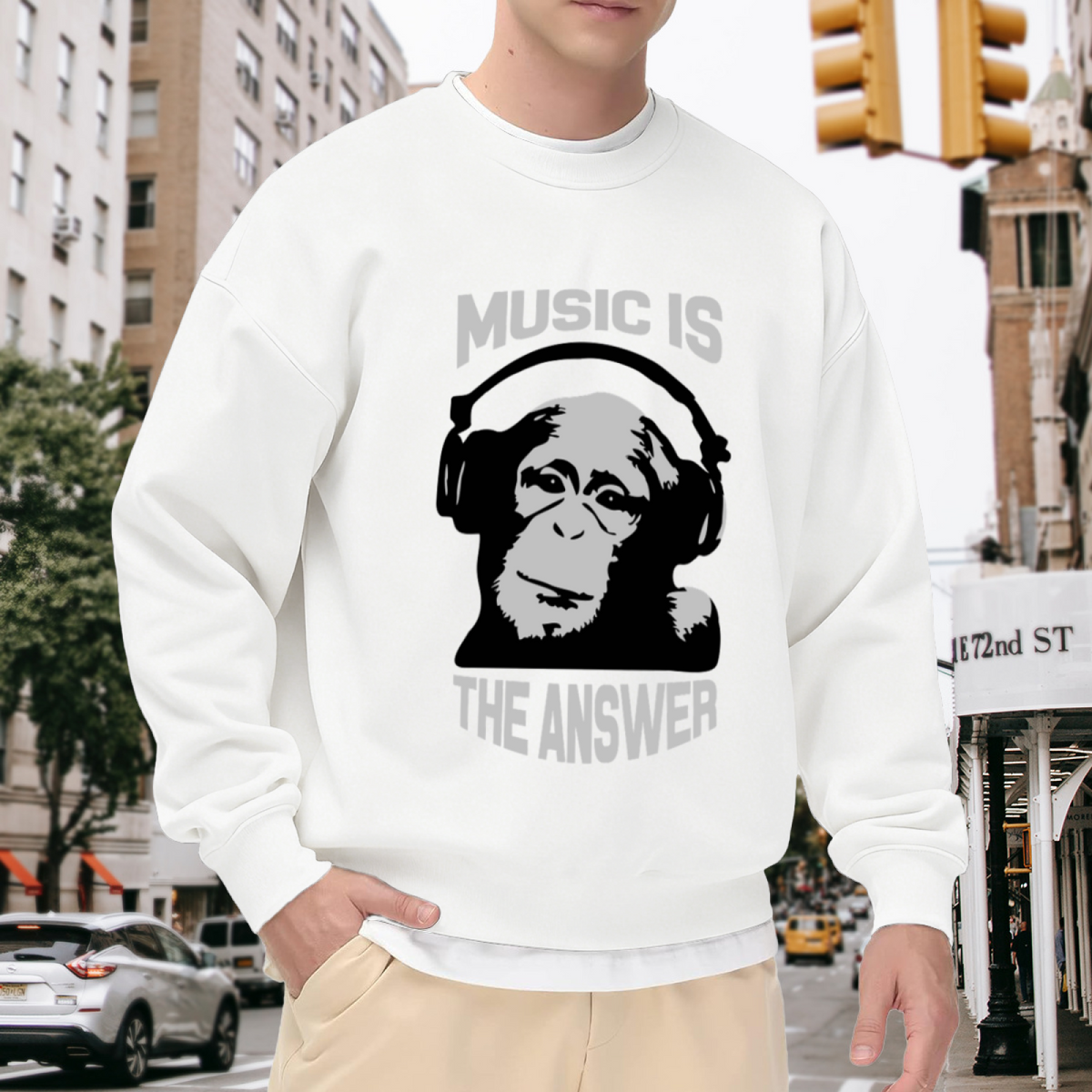 Music Is The Answer Gorilla Crewneck Sweatshirt - Cool Ape Headphones Graphic, DJ Streetwear Pullover, Beat Lover Top
