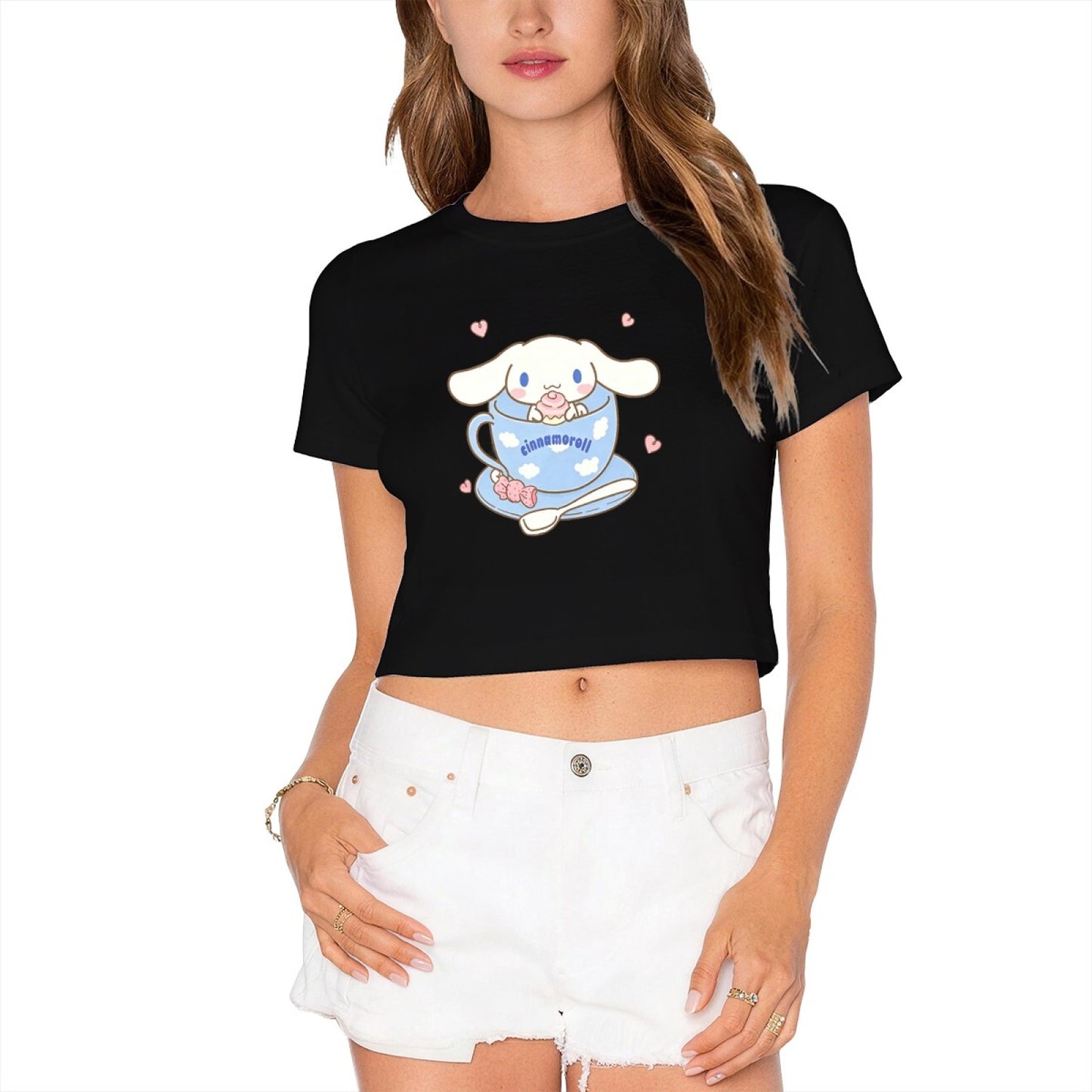 Sweet Teacup Cinnamoroll Heart Accent White Cropped Top