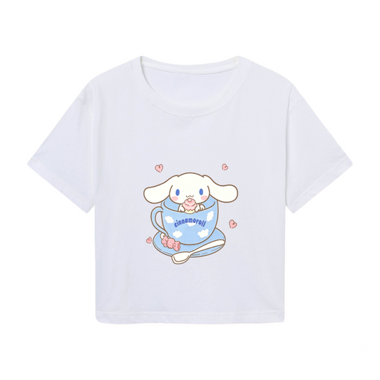 Sweet Teacup Cinnamoroll Heart Accent White Cropped Top