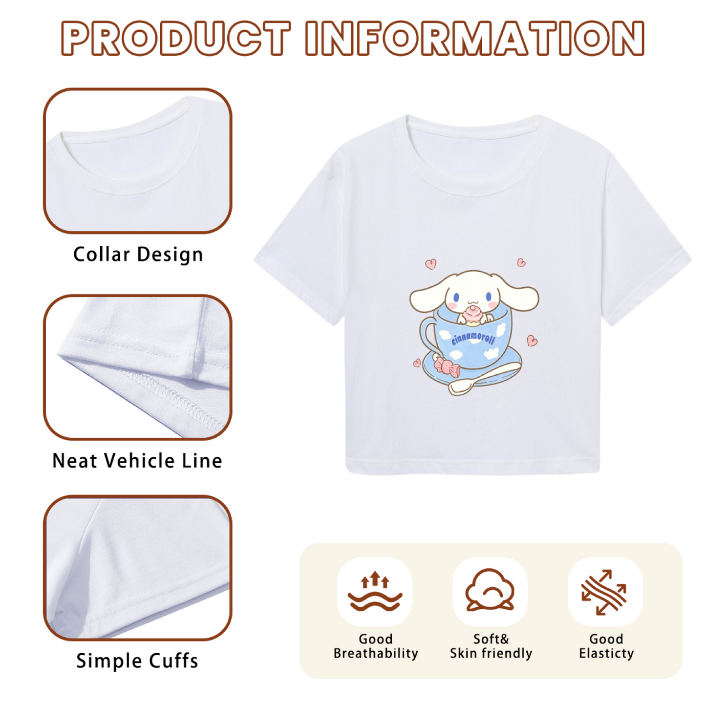 Sweet Teacup Cinnamoroll Heart Accent White Cropped Top