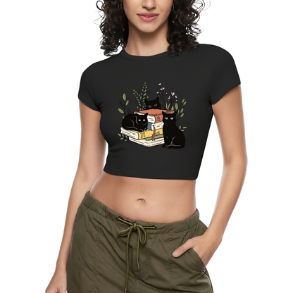 Bookish Black Cats Coquette Crop Top ¨C Librarian Cat Lover Fitted Baby Tee