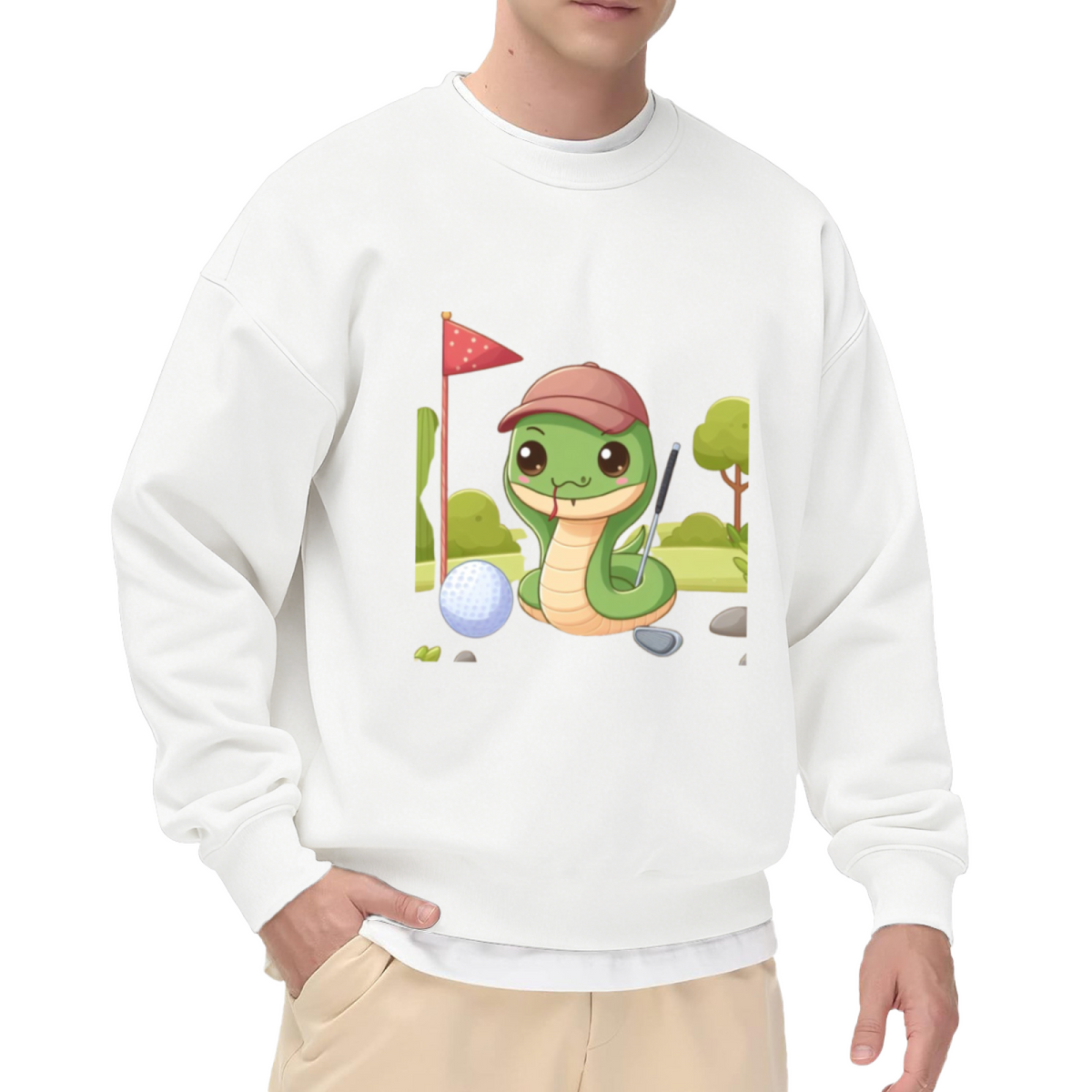 Adorable Cartoon Golf Snake Wearing a Cap Cute Golfer Crewneck Sweatshirt for Golf Fans