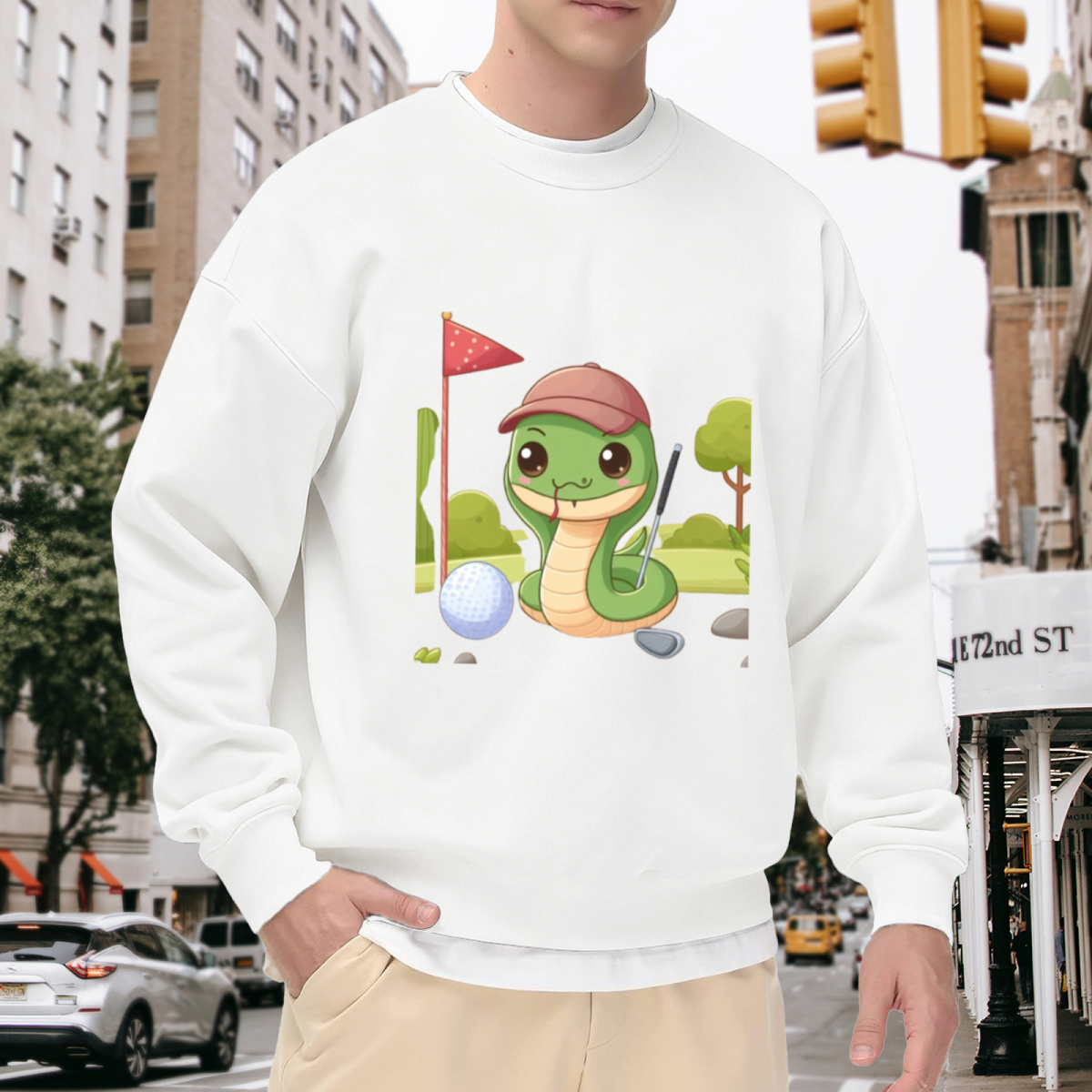 Adorable Cartoon Golf Snake Wearing a Cap Cute Golfer Crewneck Sweatshirt for Golf Fans