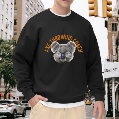 Axe Throwing Coach Sweatshirt | Funny Cartoon Koala Graphic Crewneck, Retro Coach Humor Pullover Top, Gift for Axe Throwing Lovers
