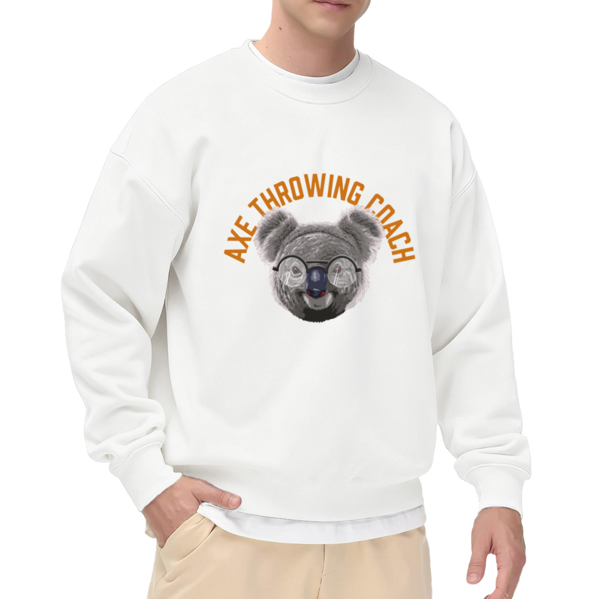 Axe Throwing Coach Sweatshirt | Funny Cartoon Koala Graphic Crewneck, Retro Coach Humor Pullover Top, Gift for Axe Throwing Lovers