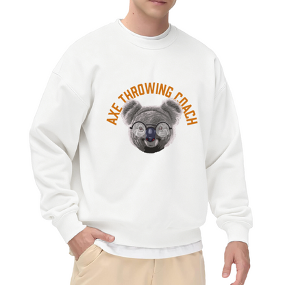 Axe Throwing Coach Sweatshirt | Funny Cartoon Koala Graphic Crewneck, Retro Coach Humor Pullover Top, Gift for Axe Throwing Lovers