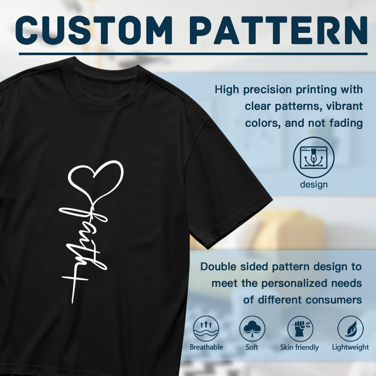 Faith Heart Cross Vertical Script Minimal Christian Women¡¯s Black Tee