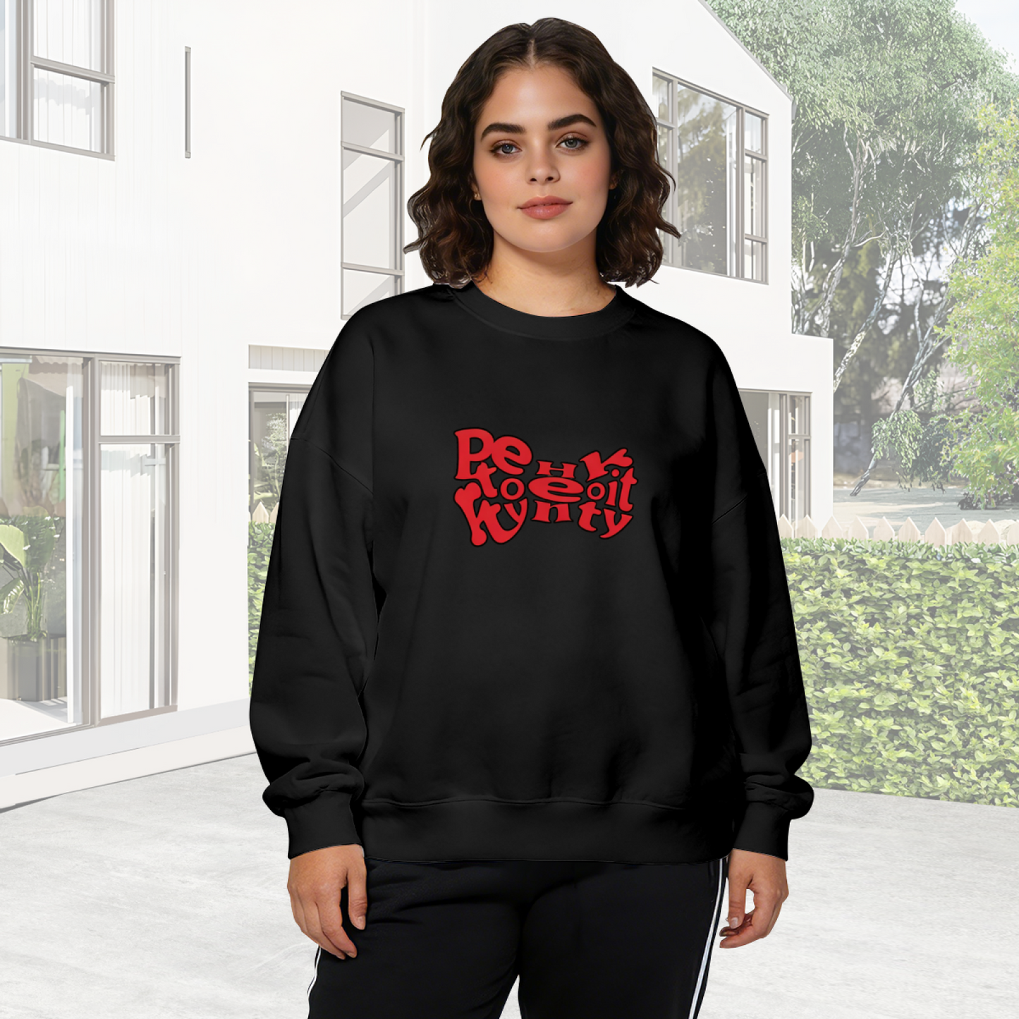 Bold Retro Red Text Y2K Style Black Crewneck Sweatshirt