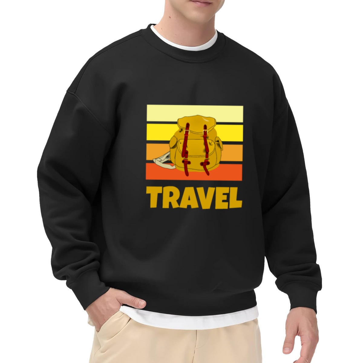 Travel Backpack Sunset Stripes Crewneck Sweatshirt | Retro Adventure Pullover, Vintage Gradient Graphic Top, Traveler Gift