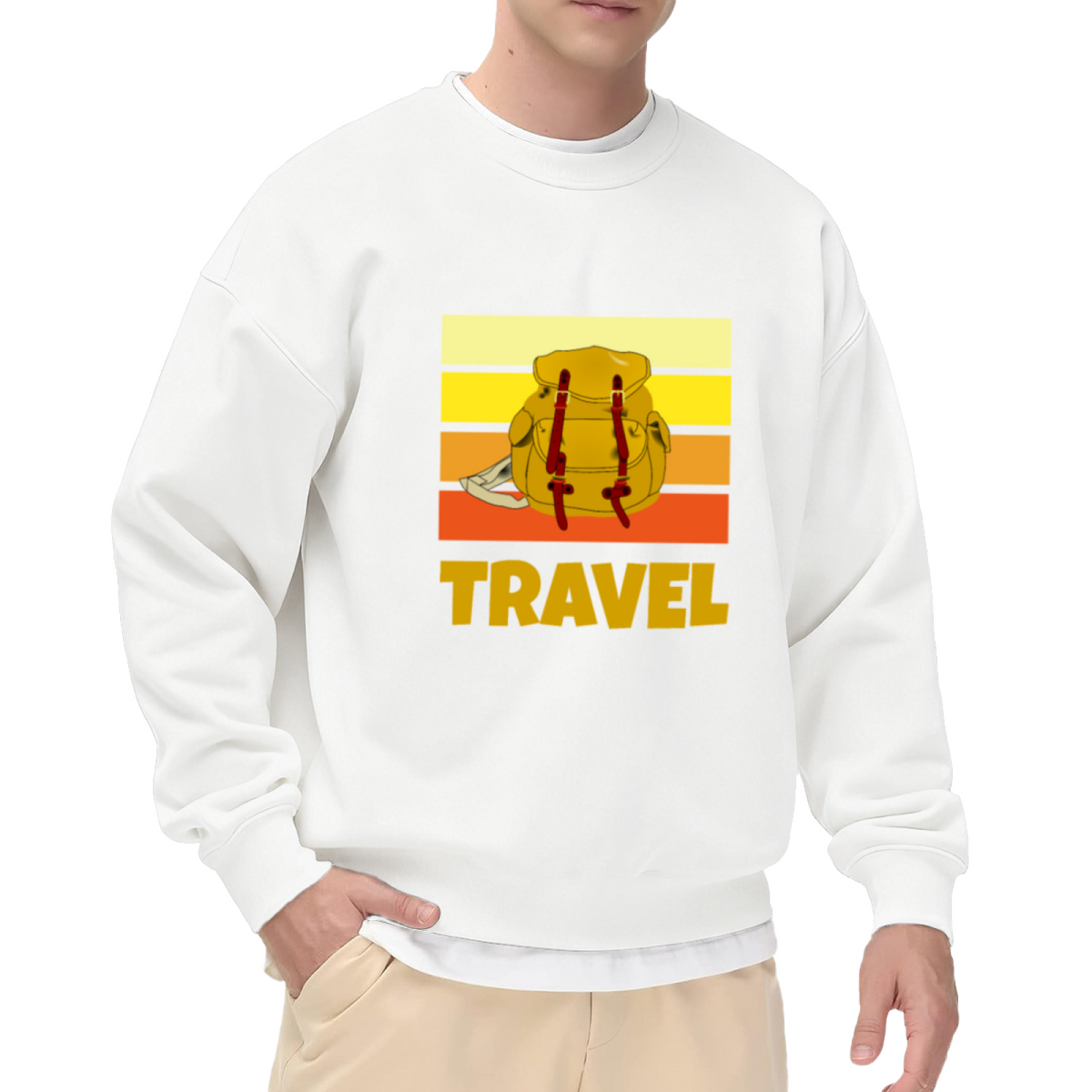Travel Backpack Sunset Stripes Crewneck Sweatshirt | Retro Adventure Pullover, Vintage Gradient Graphic Top, Traveler Gift