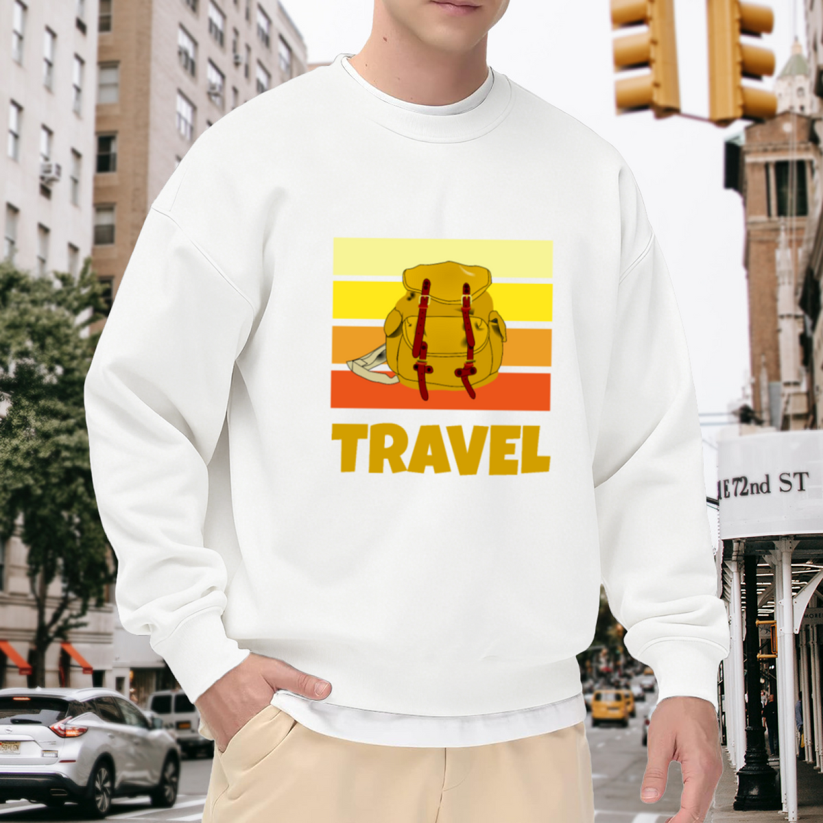 Travel Backpack Sunset Stripes Crewneck Sweatshirt | Retro Adventure Pullover, Vintage Gradient Graphic Top, Traveler Gift
