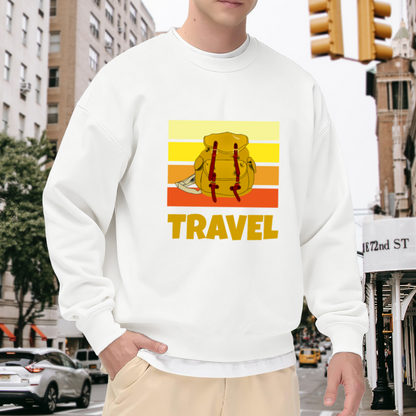 Travel Backpack Sunset Stripes Crewneck Sweatshirt | Retro Adventure Pullover, Vintage Gradient Graphic Top, Traveler Gift