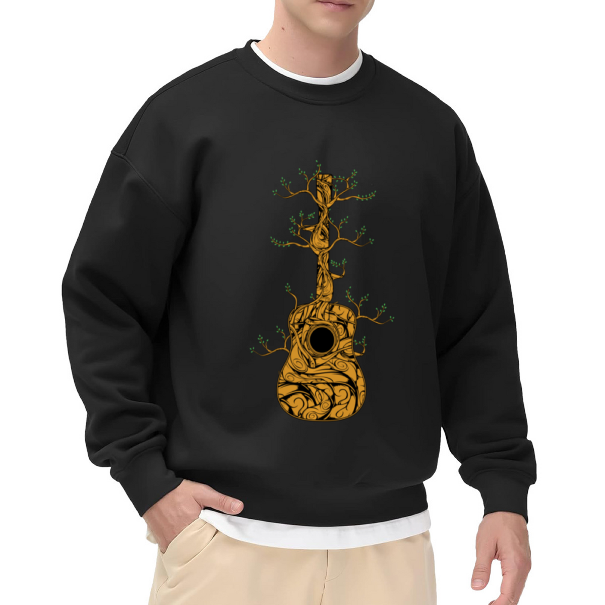 Vine Guitar Crewneck Sweatshirt | Organic Nature Music Pullover, Hand-Drawn Twisted Branch Acoustic Guitar Graphic Top, Music Lover Gift