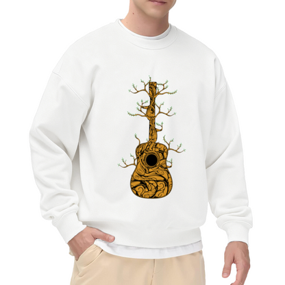 Vine Guitar Crewneck Sweatshirt | Organic Nature Music Pullover, Hand-Drawn Twisted Branch Acoustic Guitar Graphic Top, Music Lover Gift