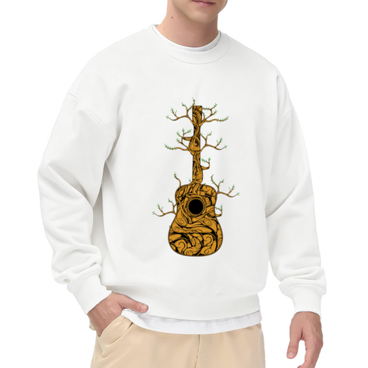 Vine Guitar Crewneck Sweatshirt | Organic Nature Music Pullover, Hand-Drawn Twisted Branch Acoustic Guitar Graphic Top, Music Lover Gift