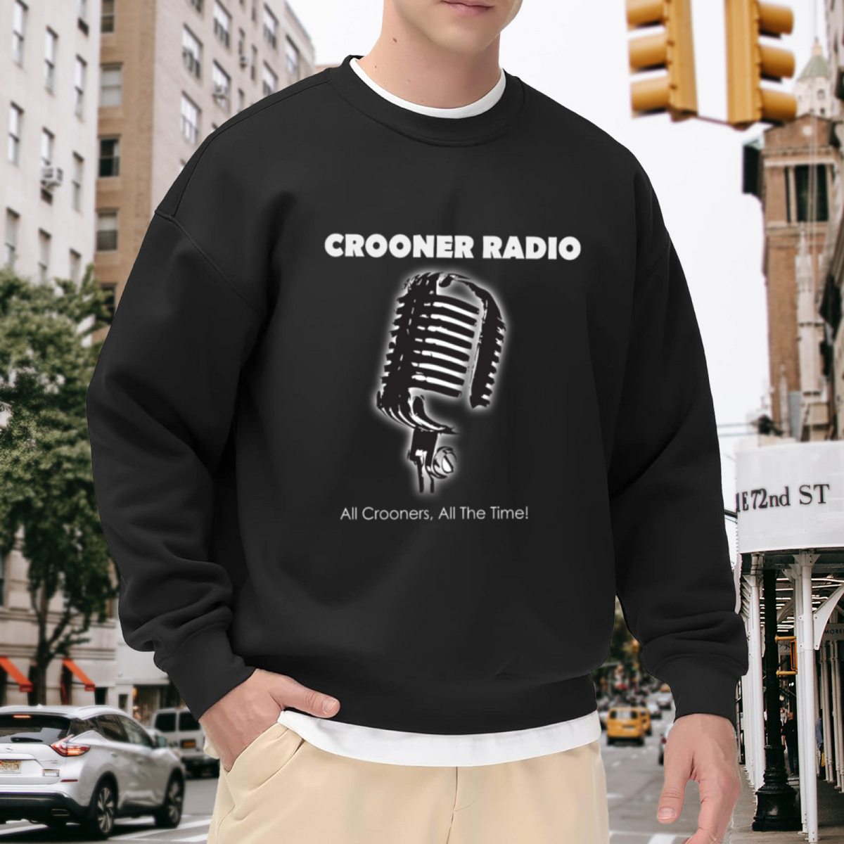 Crooner Radio Sweatshirt | Vintage Microphone Graphic Crewneck, Classic Radio Music Pullover Top, Jazz Singer Gift for Music Lovers