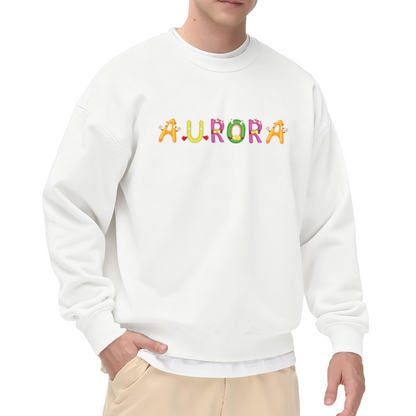 Aurora Monster Letters Crewneck Sweatshirt | Cute Colorful Cartoon Alphabet Pullover, Playful Character Graphic Top, Kids Gift