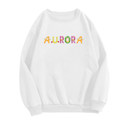 Aurora Monster Letters Crewneck Sweatshirt | Cute Colorful Cartoon Alphabet Pullover, Playful Character Graphic Top, Kids Gift