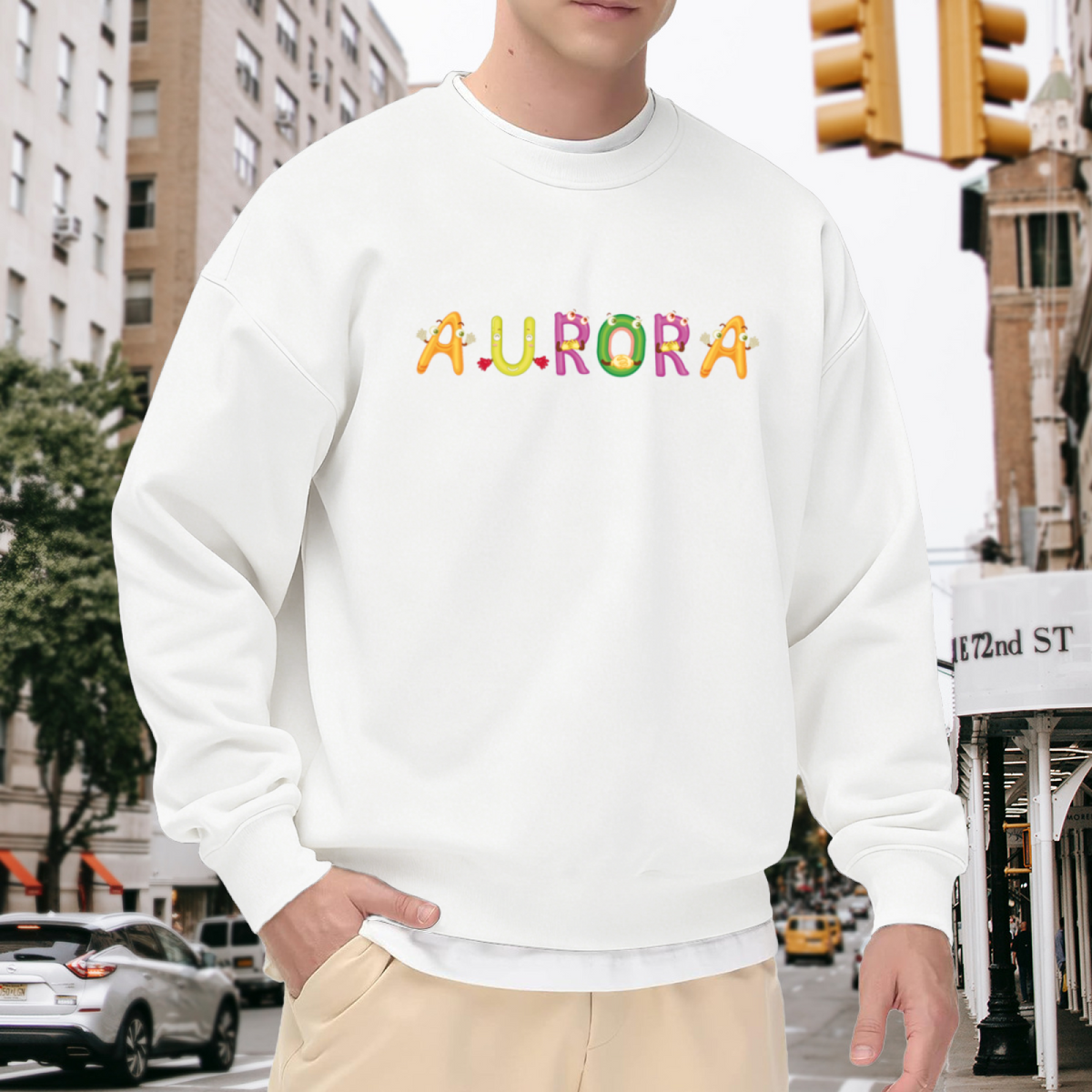 Aurora Monster Letters Crewneck Sweatshirt | Cute Colorful Cartoon Alphabet Pullover, Playful Character Graphic Top, Kids Gift