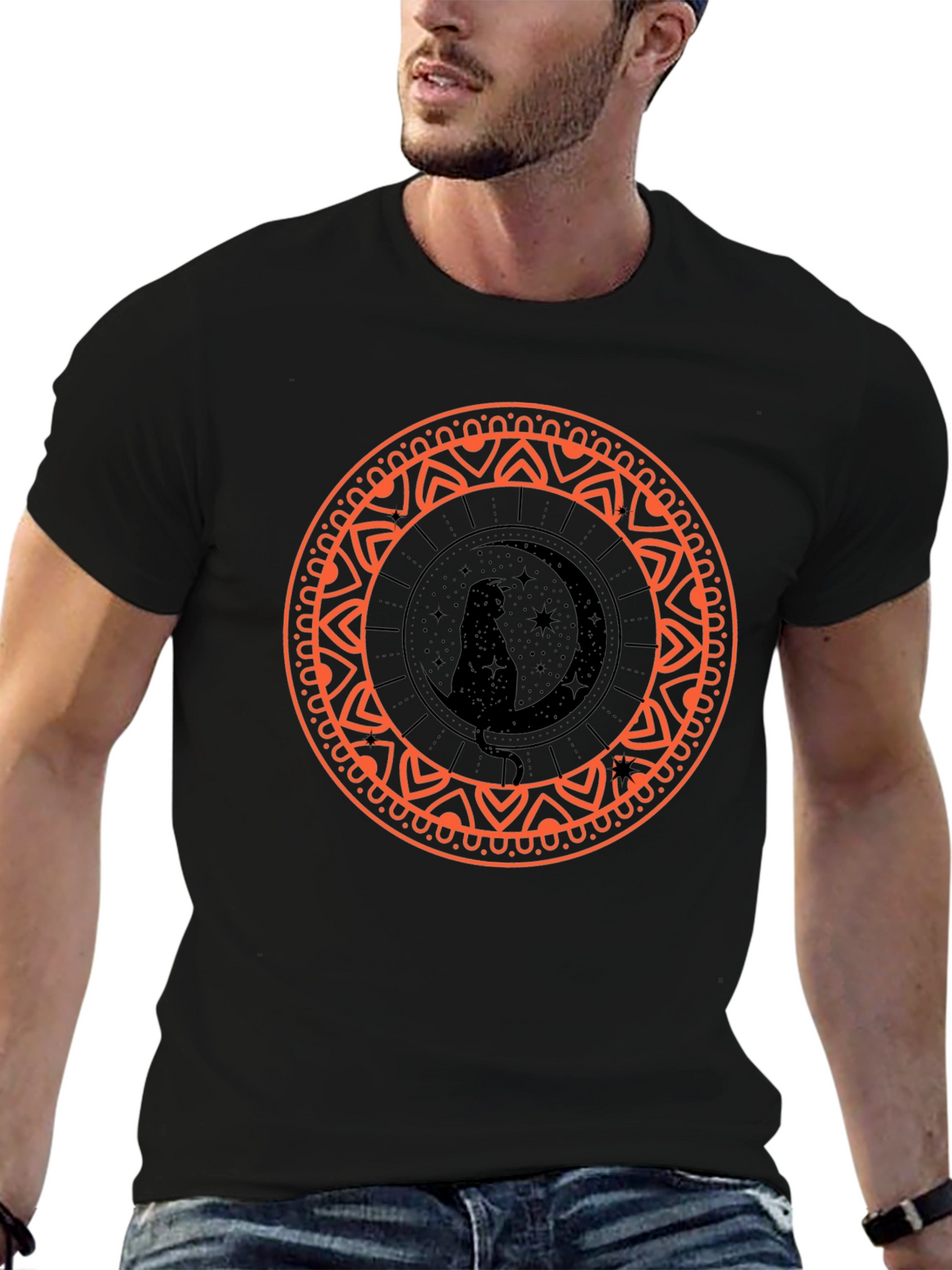 Black Cat Moon Mandala Graphic Tee