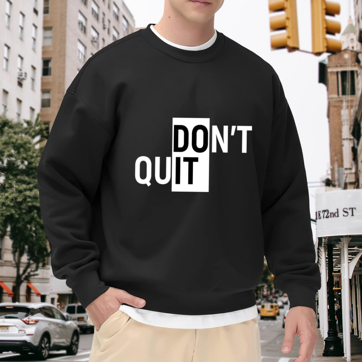 Don't Quit Motivational Crewneck Sweatshirt, Negative Space Typography Pullover, Inspirational Gift