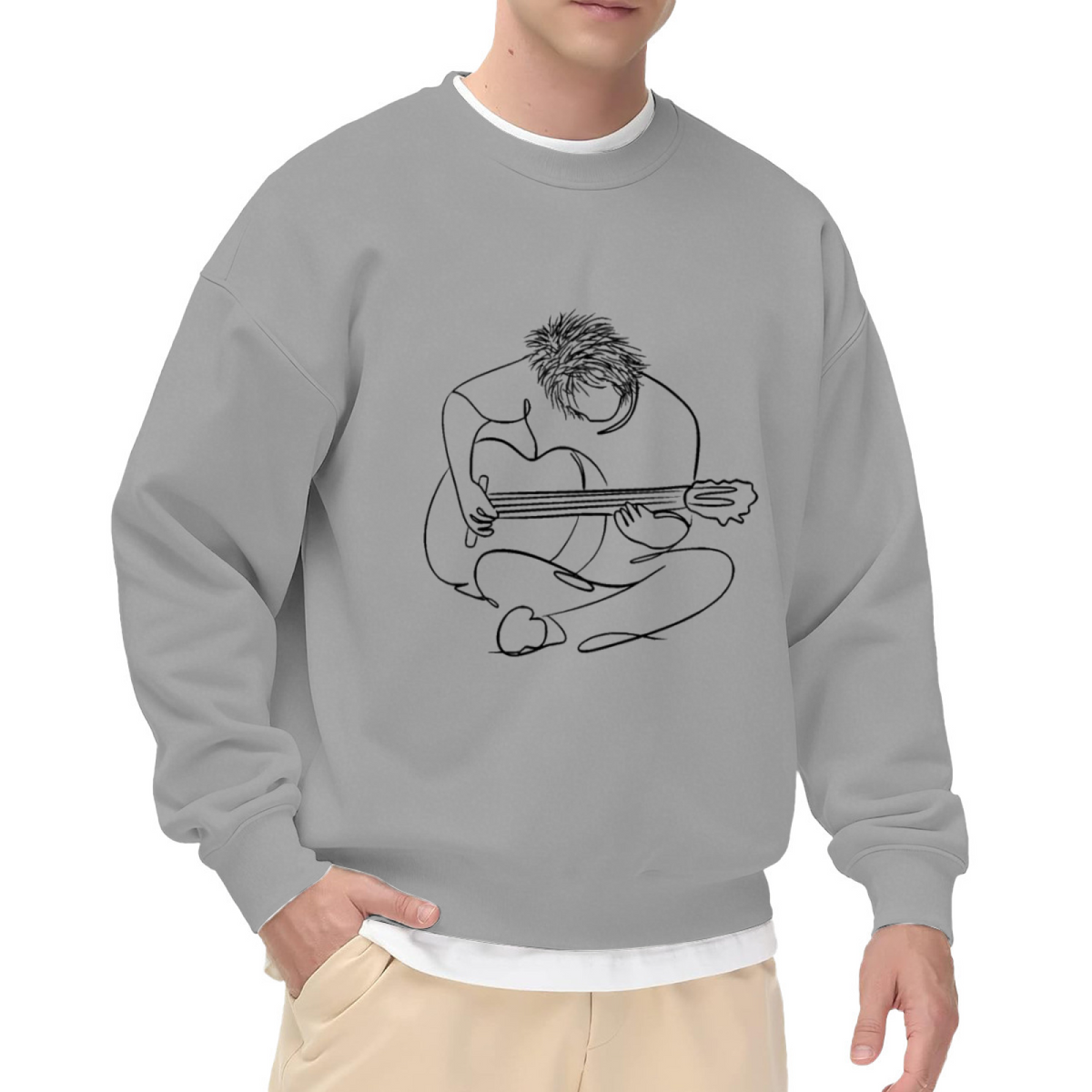 Single Line Art Guitar Player Crewneck Sweatshirt | Minimalist Continuous Line Musician Pullover, Guitar Lover Gift
