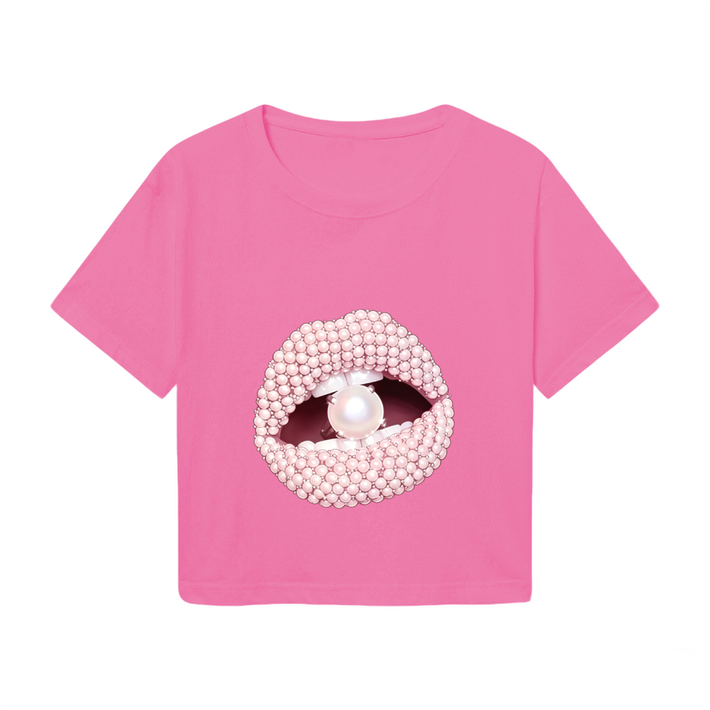 Luxury Pearl Beaded Lips Glam Hot Pink Crop Tee