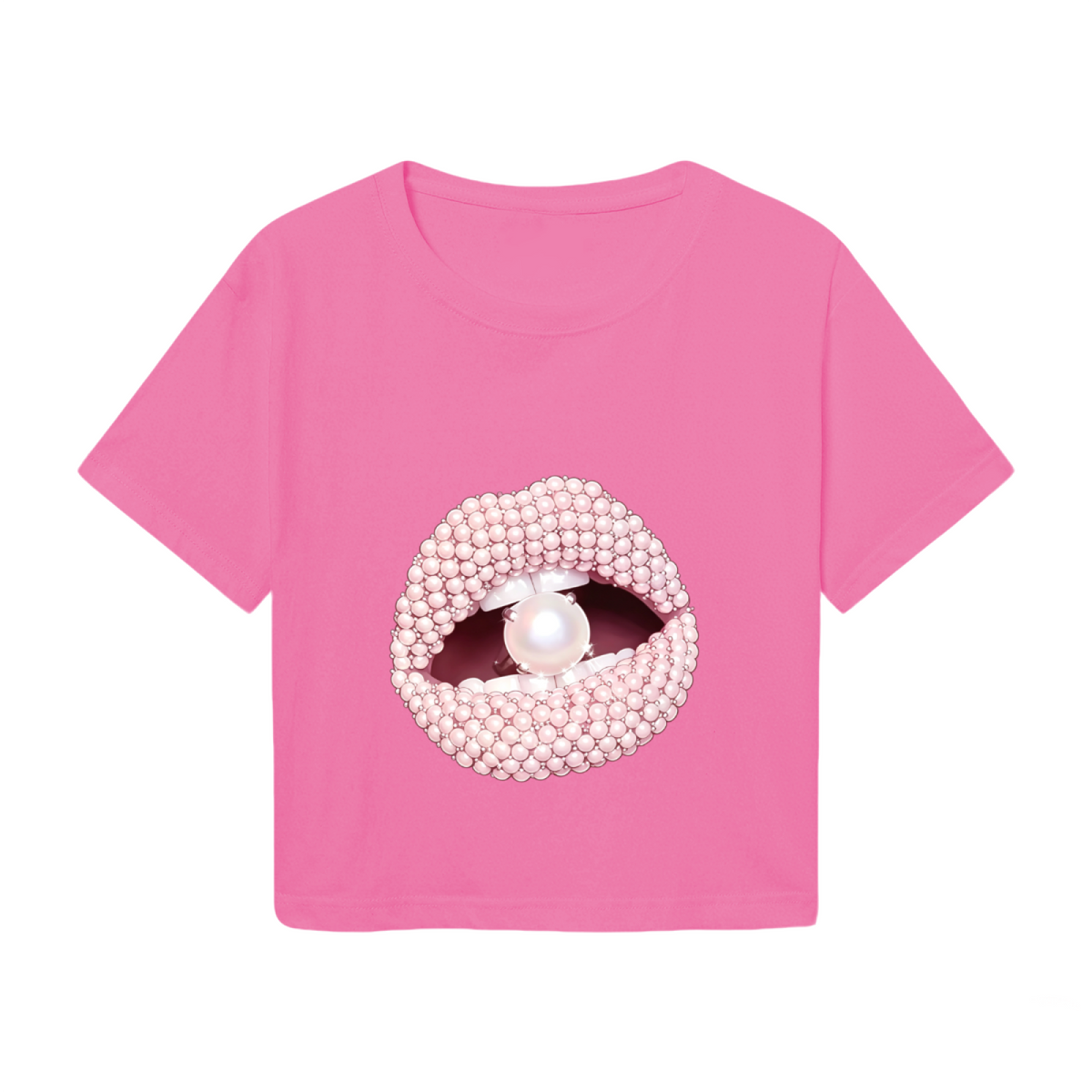 Luxury Pearl Beaded Lips Glam Hot Pink Crop Tee