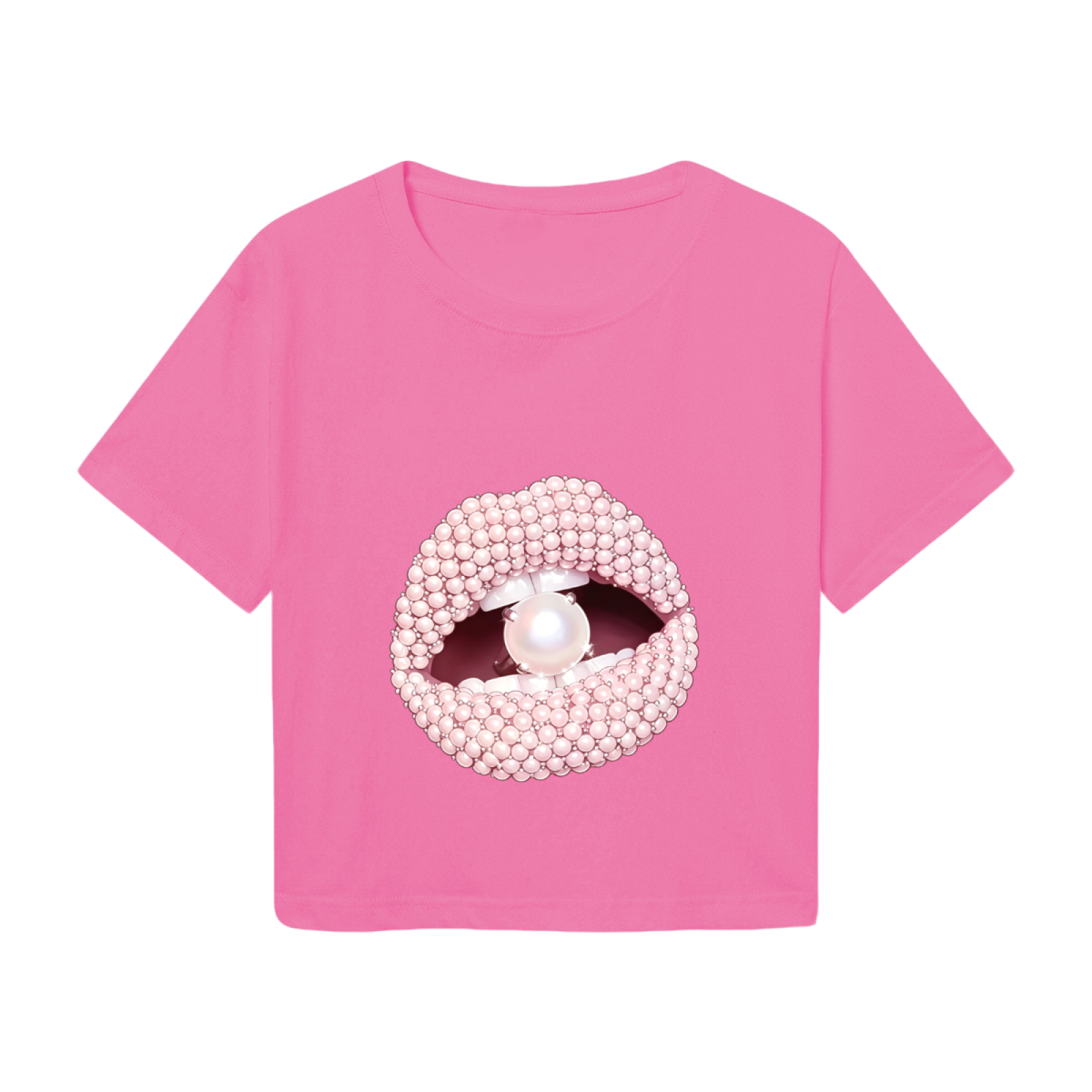 Luxury Pearl Beaded Lips Glam Hot Pink Crop Tee
