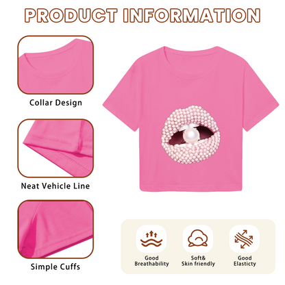 Luxury Pearl Beaded Lips Glam Hot Pink Crop Tee