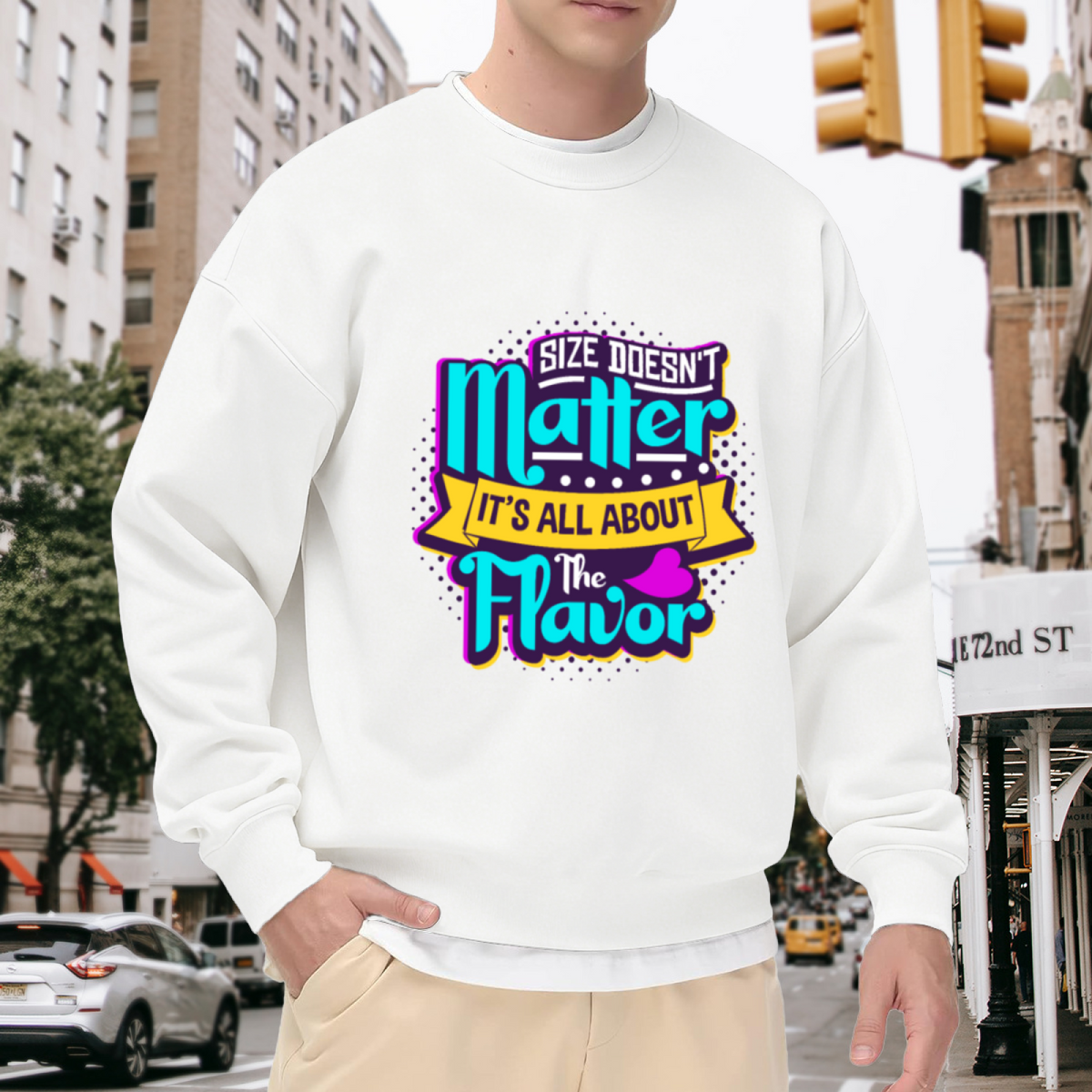 Size Doesn't Matter It's All About The Flavor Sweatshirt | Retro Food Pun Graphic Crewneck, Vintage Neon Pullover Top, Food Lover Gift