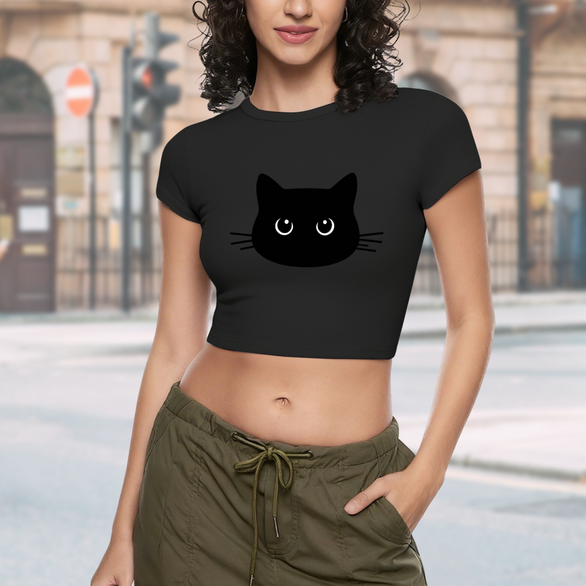 Cute Black Cat Face Slim Fit Y2K Crop Top