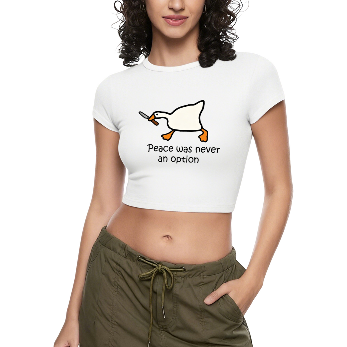 Peace Was Never An Option Goose Knife Meme Grey Crop Tee