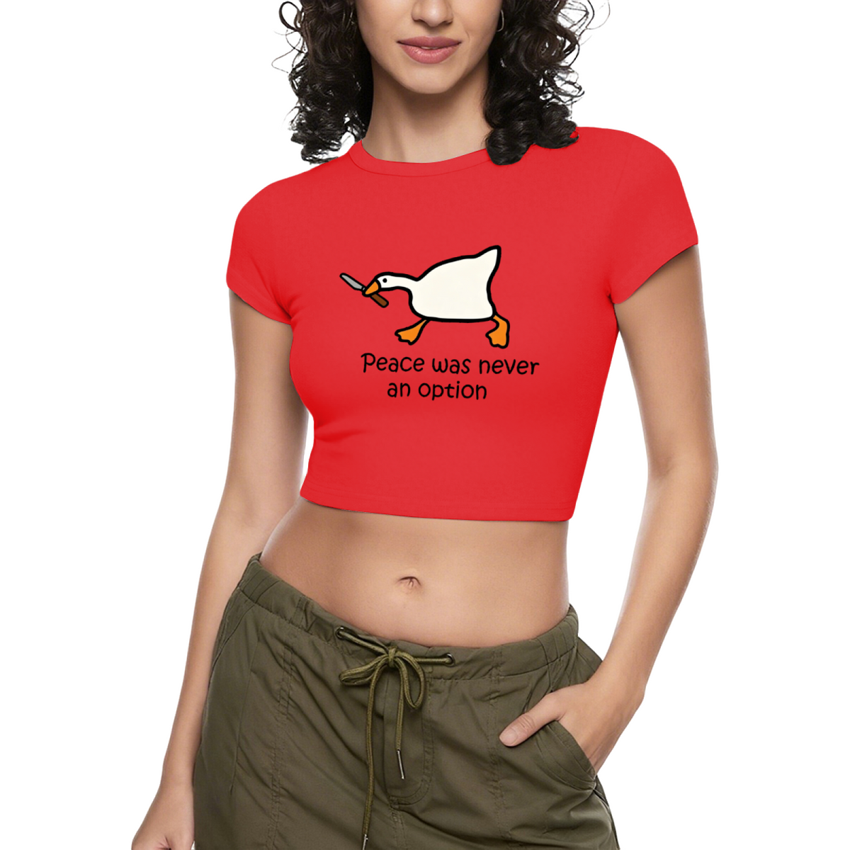 Peace Was Never An Option Goose Knife Meme Grey Crop Tee